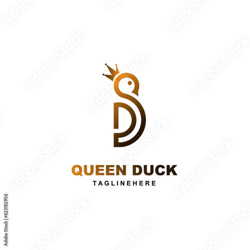 Design logo template. Duck with queen and letter D concept vector.
