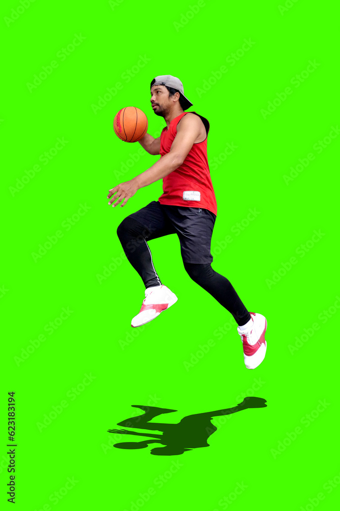 Basketball fun concept. We love basketball. Asian basketball player jumping on background with clipping path