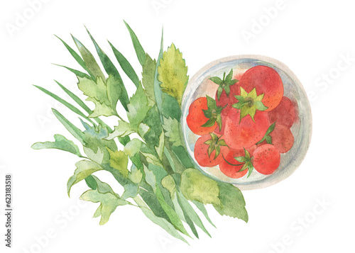 Watercolor image of ripe red strawberries and a bunch of greenery on a transparent background.