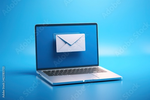 Laptop with email icon on blue bokeh background