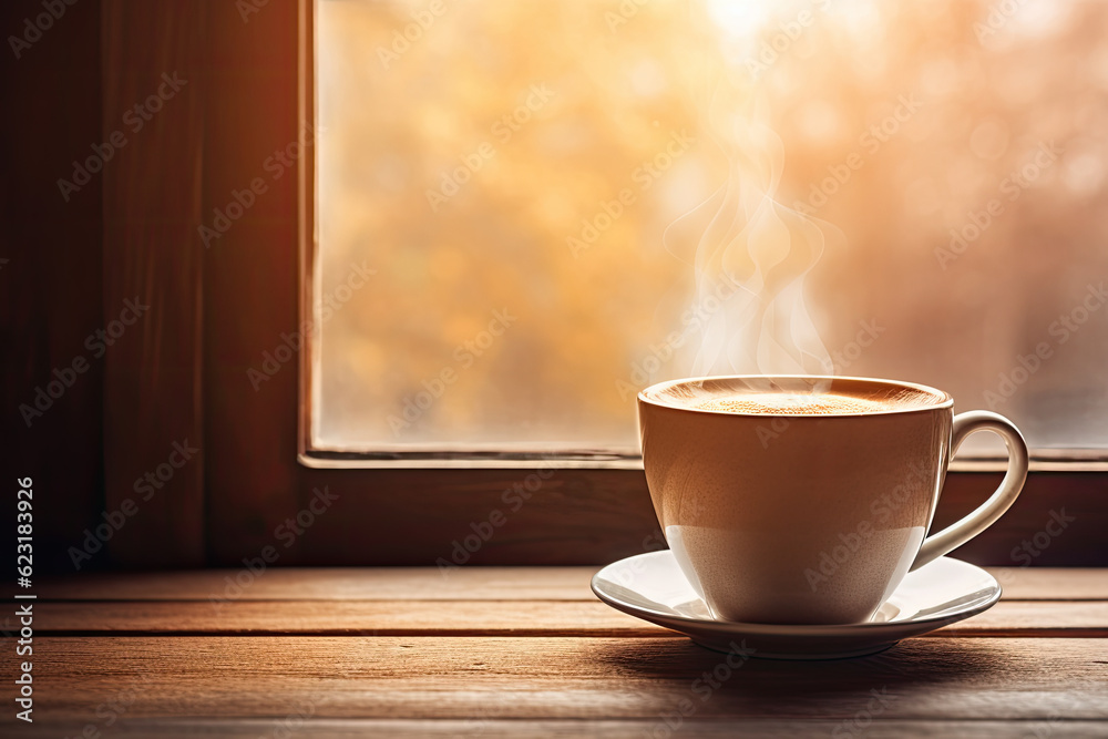 hot coffee in mug on rustic wooden table and back light background hot coffee in mug on rustic wooden table and back light background