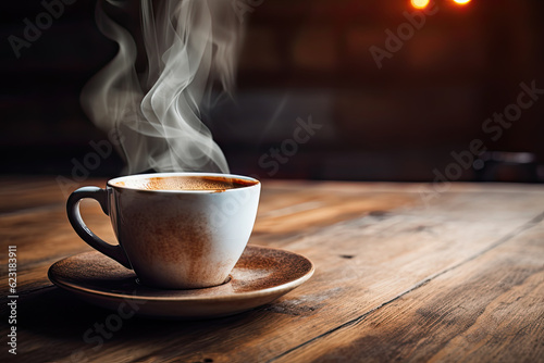 hot coffee in mug on rustic wooden table and back light background