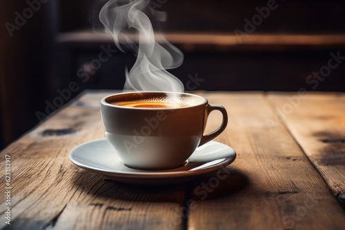 hot coffee in mug on rustic wooden table and back light background