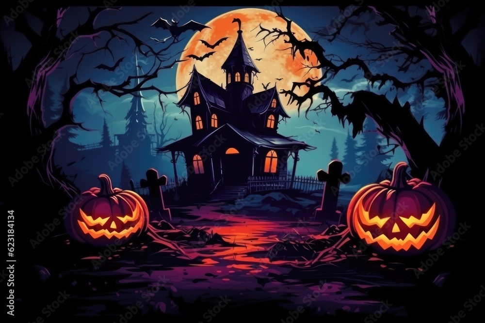 Traditional Colored Sketch Drawing of Spooky House with Scary Pumpkins Halloween Background generative AI.