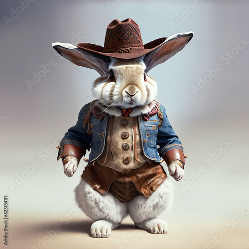 The youngest hare in the family, brimming with promise, proudly carries the Steampunk legacy while confidently engaging with the camera beneath his hat. Created with Generative AI technology. (ID: 623184111)
