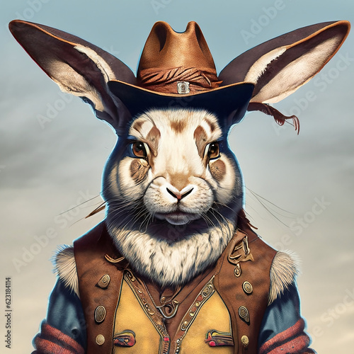 A hare exudes the authoritative charisma of a father figure, outfitted in stylish Steampunk attire complete with a hat, looking directly into the camera. Created with Generative AI technology. (ID: 623184114)