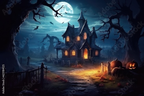 Traditional Colored Sketch Drawing of Spooky House with Scary Pumpkins Halloween Background generative AI. © Ecleposs