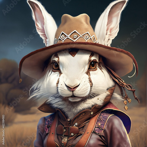 The eldest hare daughter stands tall, showing off the Steampunk heritage with a confident gaze under her stylish hat. Created with Generative AI technology. (ID: 623184183)