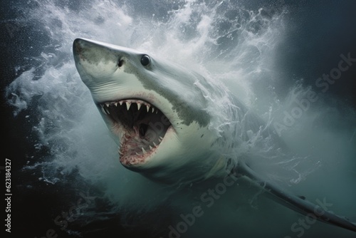 Shark in Attack Mode with Open Mouth Leaping Out of Water generative AI