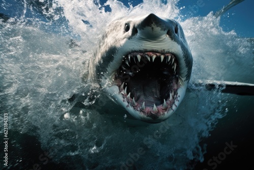 Shark in Attack Mode with Open Mouth Leaping Out of Water generative AI © Ecleposs