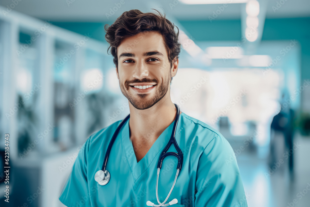 Portrait of young nurse man smiling at the hospital. Generative AI. Portrait of young nurse man smiling at the hospital. Generative AI.