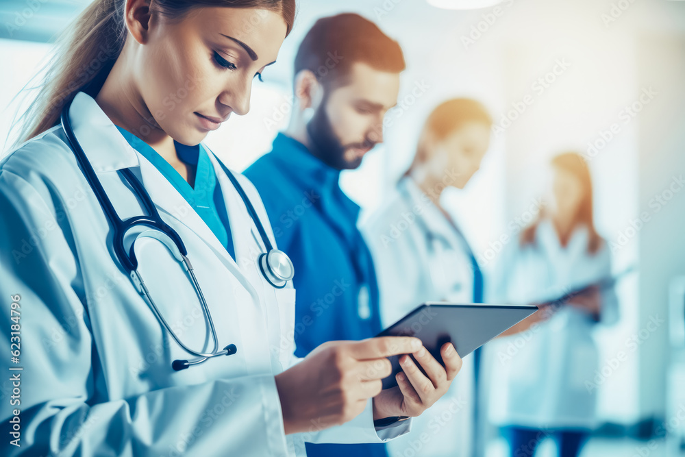 Team of doctors checking patient's chart in digital tablet. Generative AI. Team of doctors checking patient's chart in digital tablet. Generative AI.