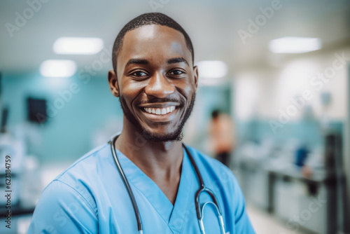 Portrait of young African american nurse man smiling at the hospital. Generative AI.