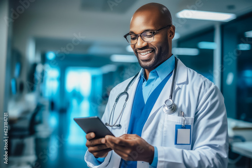 African american doctor man smiling checking patient's chart in digital tablet. Generative AI.