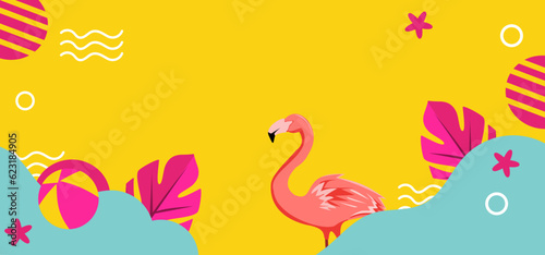 yellow summer backcground, pink leafs for poster, banner