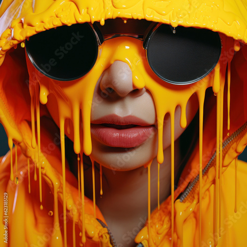 A woman with vibrant paint dripping from her. Generative AI illustration.