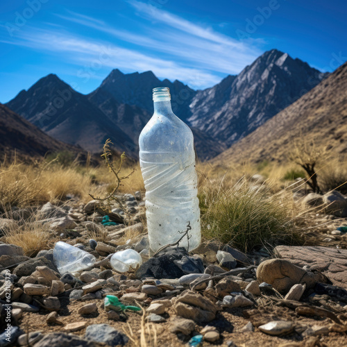 Single plastic bag standing in a clean ecosystem. Generative AI illustration.