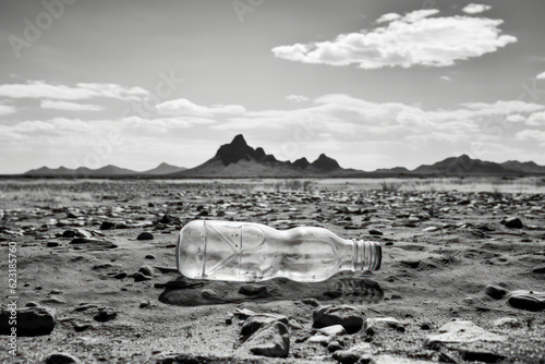 Glass bottle left in nature. Generative AI illustration.