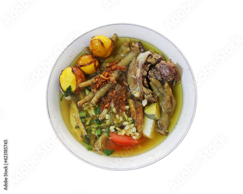soto ceker ayam or chicken claw soup with young eggs, indonesian traditional food, isolated on white background