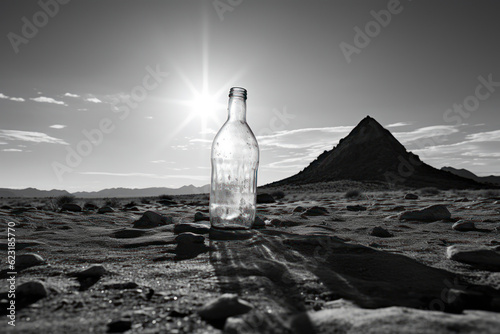 An image depicting a discarded glass bottle symbolizing the impact of waste on our fragile ecosystem. Generative AI illustration.