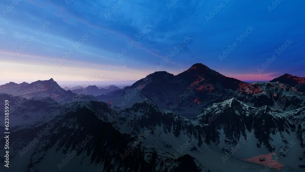 Flight Over The Mountain Landscape. Dark Shadows Cover Mountain Hollows And Canyons. The Sharp Peaks Of The Mountains Are Illuminated By The Last Rays Of The Sun Setting Over The Horizon. Flight Over The Mountain Landscape. Dark Shadows Cover Mountain Hollows And Canyons. The Sharp Peaks Of The Mountains Are Illuminated By The Last Rays Of The Sun Setting Over The Horizon.