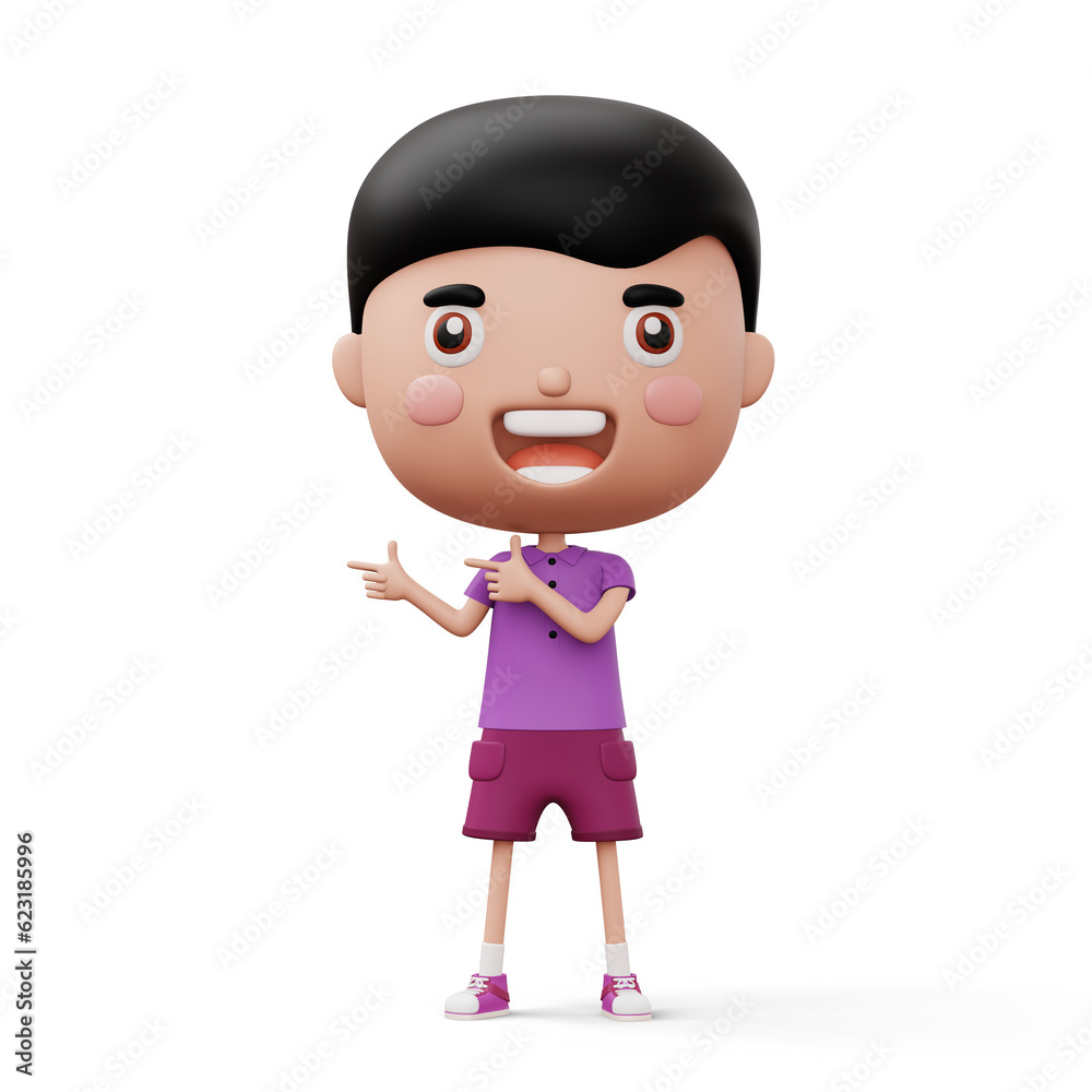 Happy child pointing fingers, cute boy cartoon character, 3d rendering