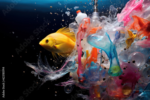 Marine life polluted with plastic. Generative AI illustration.