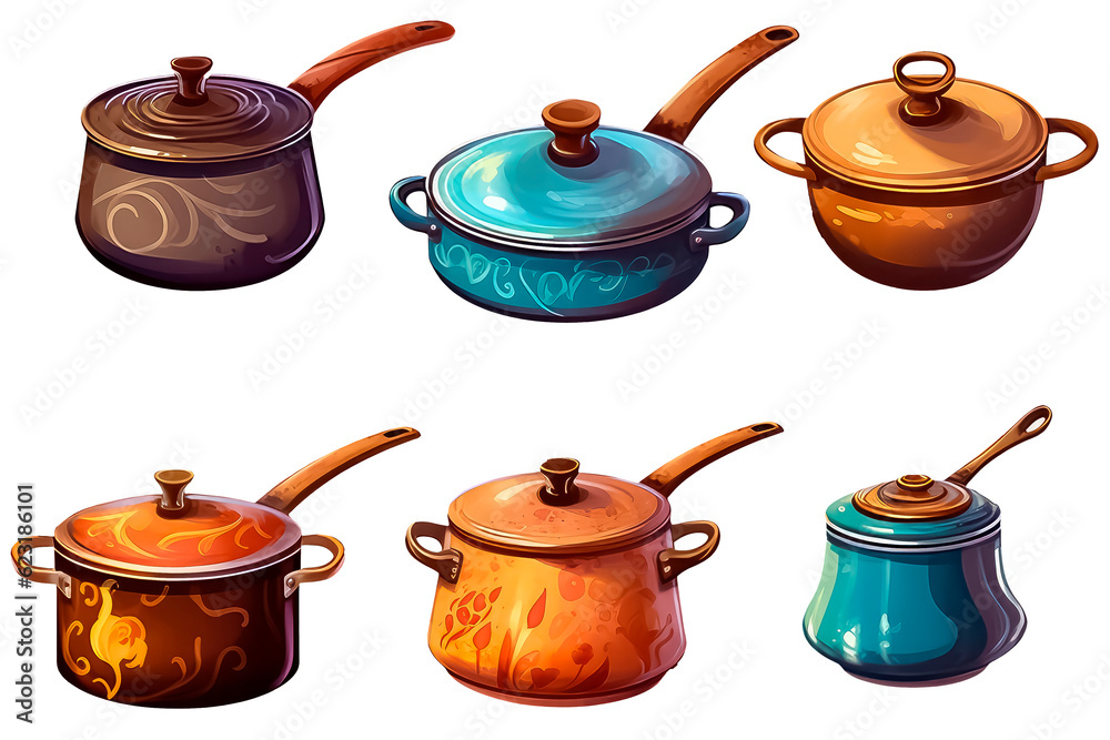set saucepan in cartoon style for video game isolated on white