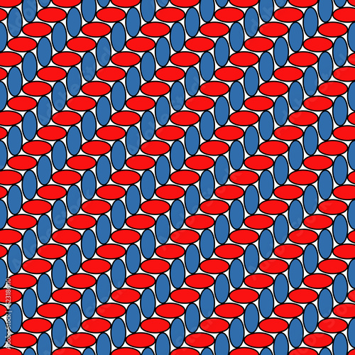Blue and red ovals texture. Rounded figures background. Dots motif. Seamless surface pattern design with circular embroidery ornament. Digital paper with spheres for textile print.
