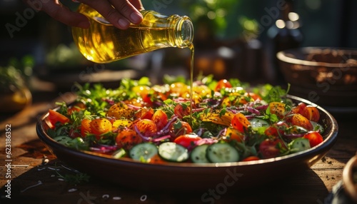 pours apple cider vinegar over a vibrant and fresh salad