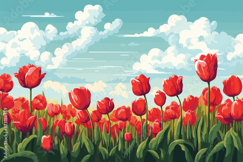 vector art tulip field and blue sky #623186359