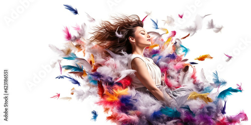 Stunning zero gravity scene of a young brunette woman amidst an ethereal cloud of colorful floating feathers, mid-somersault on a crisp white backdrop. Generative AI