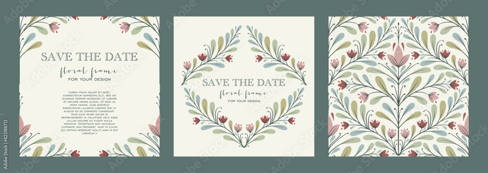 Floral Frames set isolated on a background. Cute hand drawn floral wreaths perfect for wedding invitations, social media and greeting cards. Flat colorful design template.