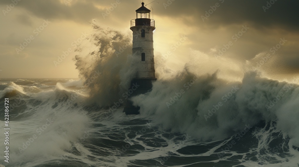 A storm with massive waves crashing over the lighthouse in the ocean, Generative AI