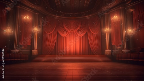 A theater stage adorned with red curtains and illuminated by spotlights, Generative AI.