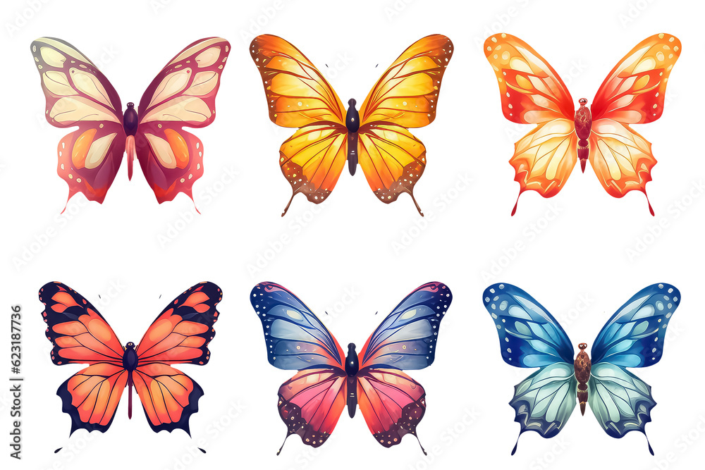 set butterfly in cartoon style for video game isolated on white background, AI