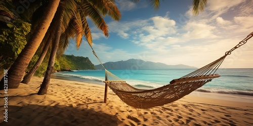 AI Generated. AI Generative. Beach island sand ocean sea vacation relax chill adventure dream sleep shadow hammock with palms.  Graphic Art © AkimD