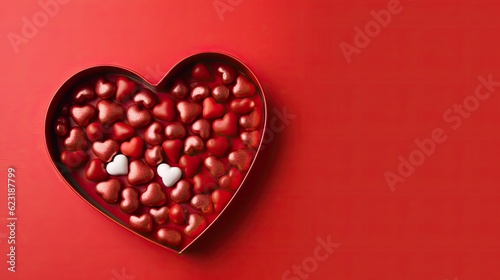 Valentine's day background with red hearts on red background copy space top view