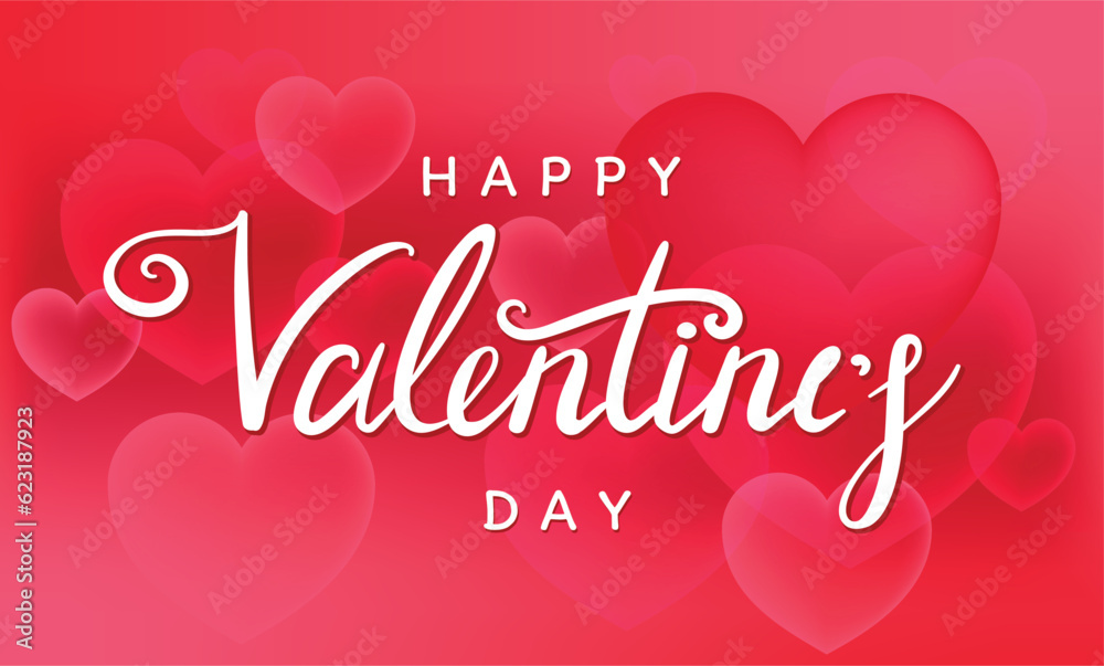 Happy Valentine's Day card with lettering design and hearts on the red background. Vector illustration with love concept