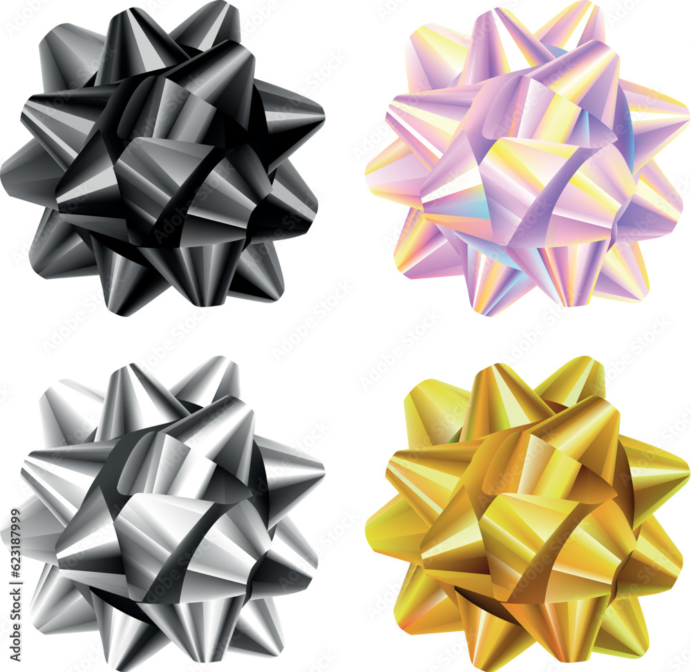 Set glossy realistic ribbon bows isolated on the white background. Black, silver, gold and pearl decor elements. Shiny template gift, holiday design. Vector illustration. Set glossy realistic ribbon bows isolated on the white background. Black, silver, gold and pearl decor elements. Shiny template gift, holiday design. Vector illustration.