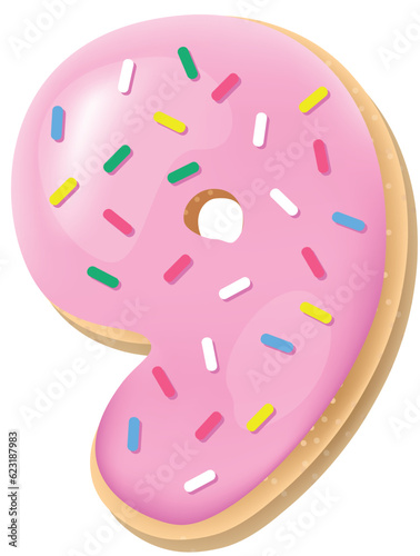 Vector glazed pink number 9 from donut font. Sweet tasty cookie figure. Food illustration
