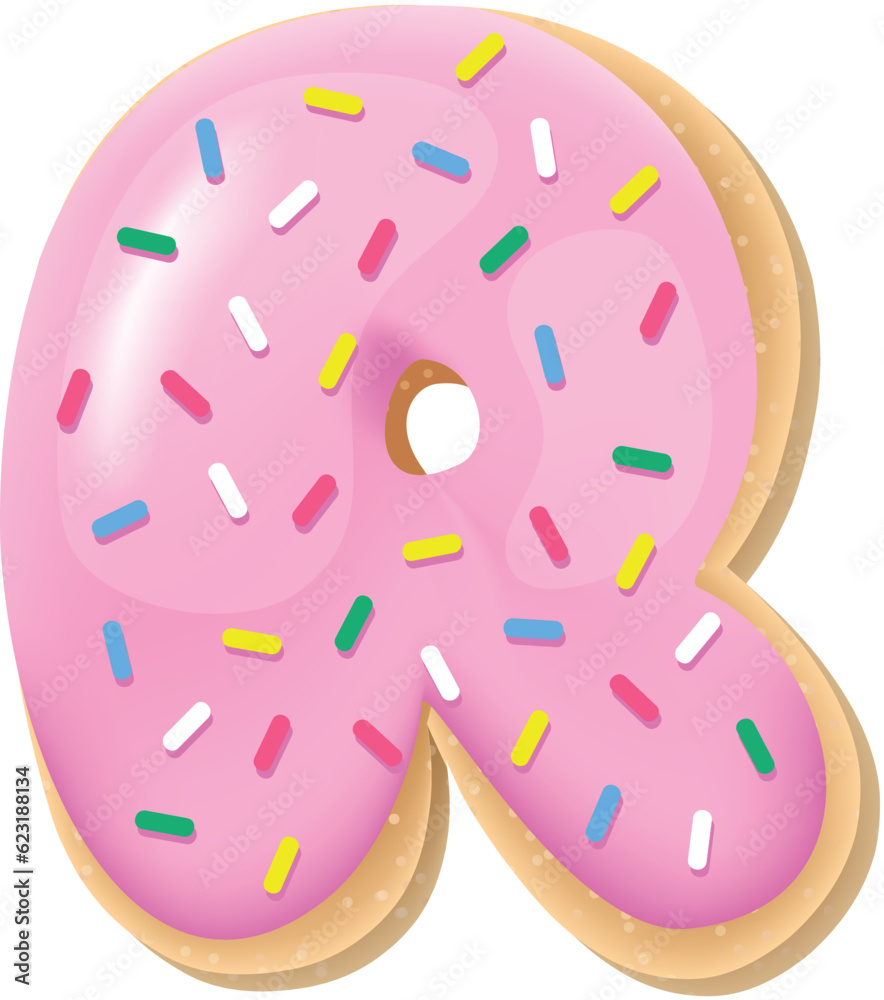 Vector pink letter R from donut alphabet. Sweet tasty cookie font. Food illustration Vector pink letter R from donut alphabet. Sweet tasty cookie font. Food illustration