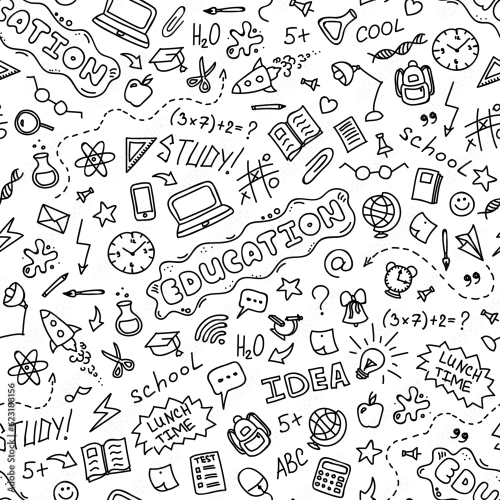 Hand drawn school seamless pattern with doodles icons set on white background. Education concept background. Vector illustration Hand drawn school seamless pattern with doodles icons set on white background. Education concept background. Vector illustration