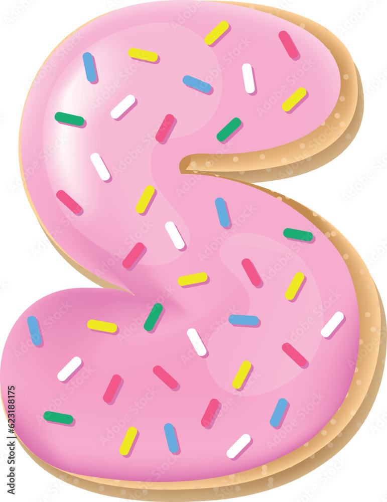 Vector pink letter S from donut alphabet. Sweet tasty cookie font. Food illustration 