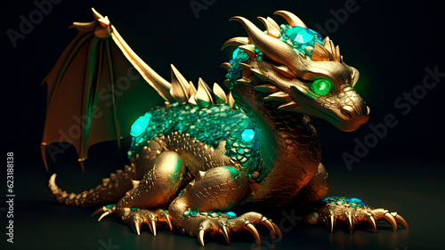 dragon precious golden with emerald stones generative ai © ТаtyanaGG