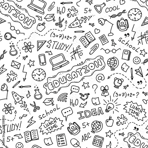Hand drawn school seamless pattern with doodles icons set on white background. Education concept background. Vector illustration