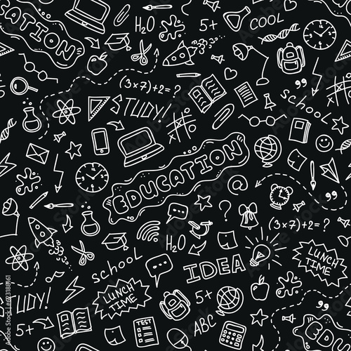 Education concept background. Hand drawn school seamless pattern with doodles icons set on black board.  Vector illustration