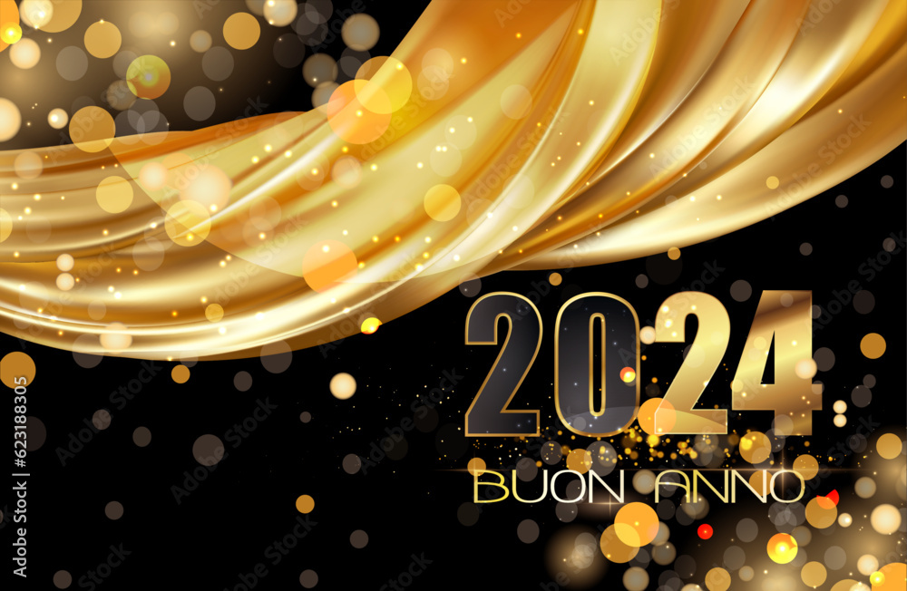 carta o banner per augurare un felice anno nuovo 2024 in nero e oro con un drappo di tessuto colorato e cerchi in effetto bokeh su sfondo nero