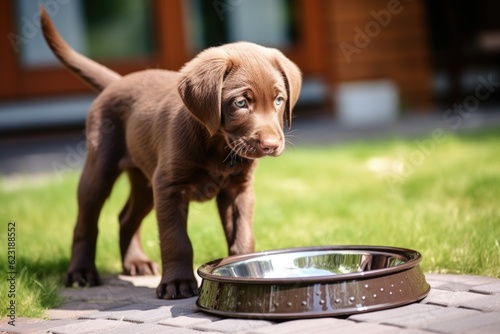 Cute dog drinking water from a bowl on a sunny day in the garden