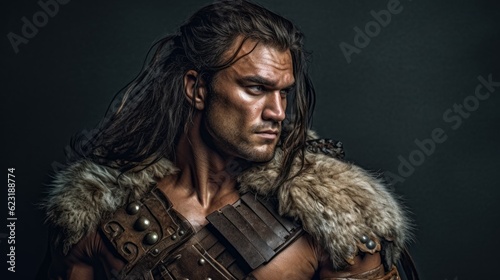 A gorgeous barbarian man in the woods photo
